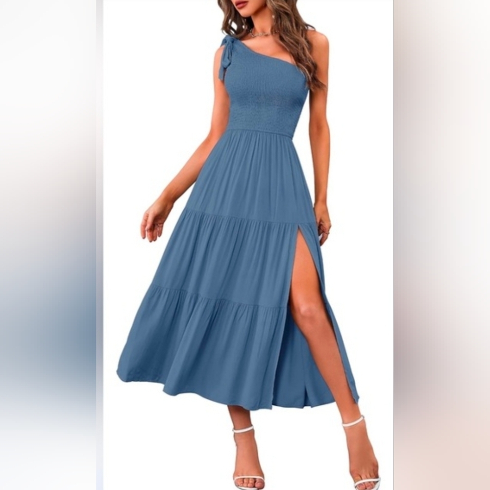MEROKEETY One-Shoulder Summer Dress Party Beach Vacation w/ Leg Cut Out Size L